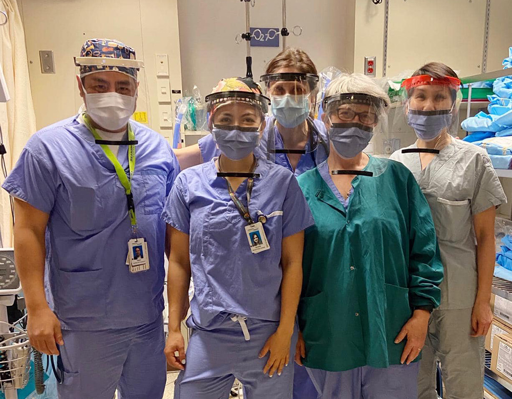 Medical workers wearing protective shields that were 3D Printed by LNG Studios