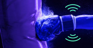 Closeup of a boxer's hand punching a bag, with illustrated wireless waves