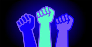 3 fists of different colours raised in solidarity